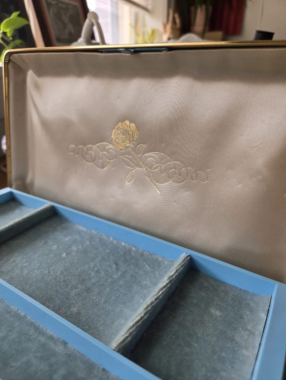 Vintage Farrington Mid Century Blue Texol Cantilever Jewelry Box Vanity Case